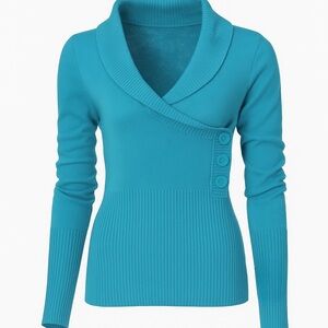 IZ BYER Turquoise 3/4 sleeves button detail faux wrap sweater, NEW